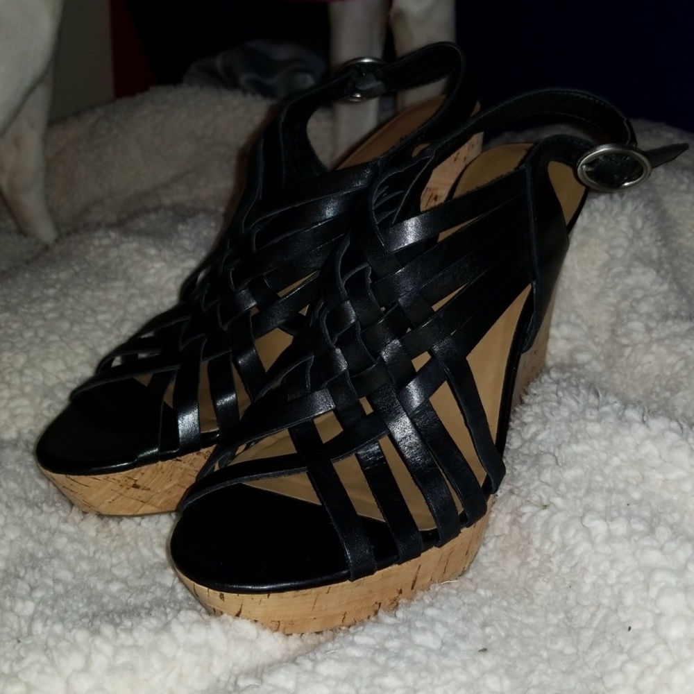 Black Woven Cork Wedge Heels (Size 9 Womens)
